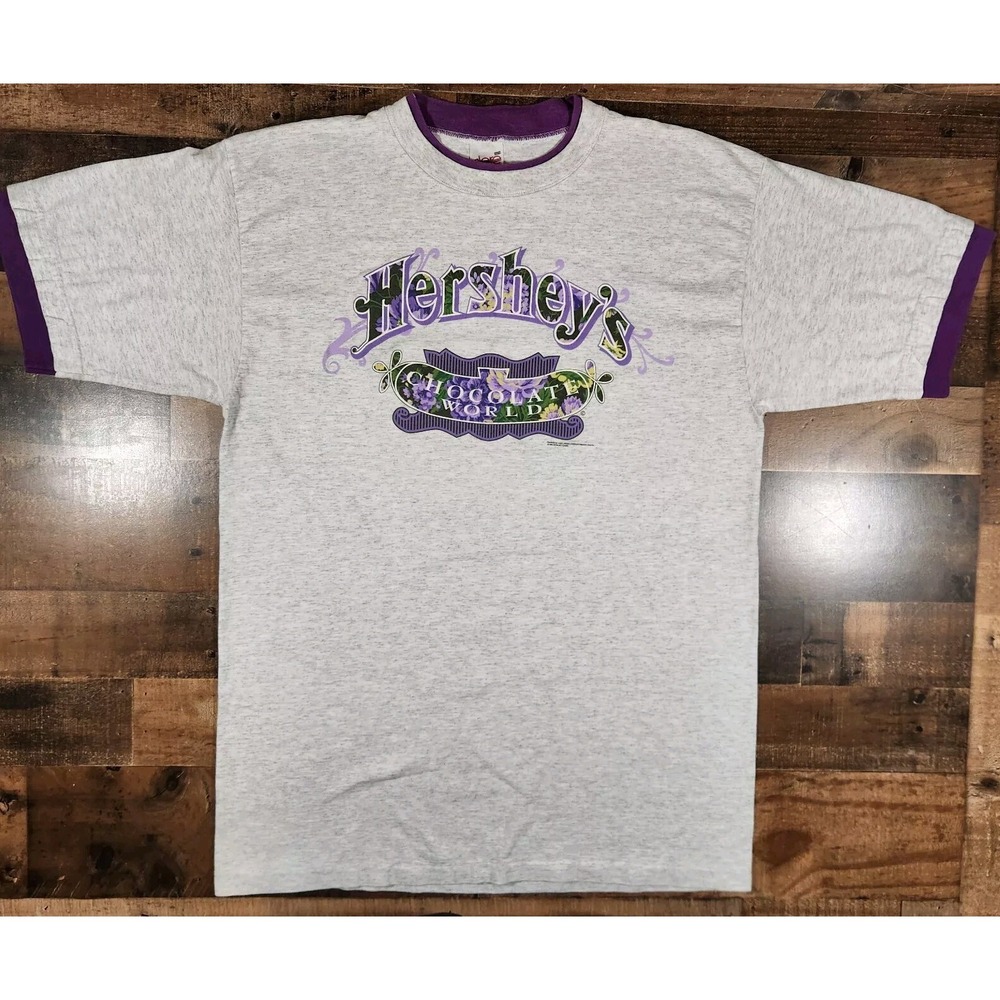 Vintage 90s Hershey's Chocolate World Shirt Mens XL Gray Purple Trim Alore 1993